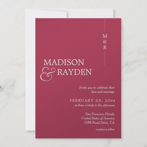 Modern Simple Magenta Red Monogram Photo Wedding Invitation