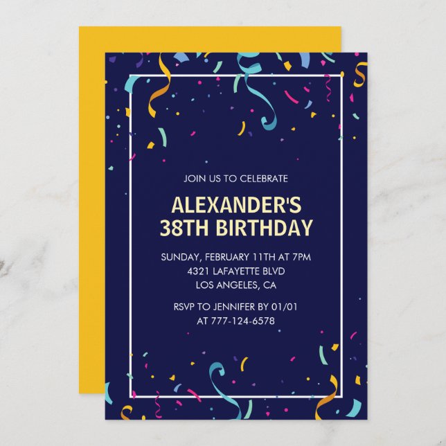 Modern Simple Men Confetti 38th birthday Invitation (Front/Back)
