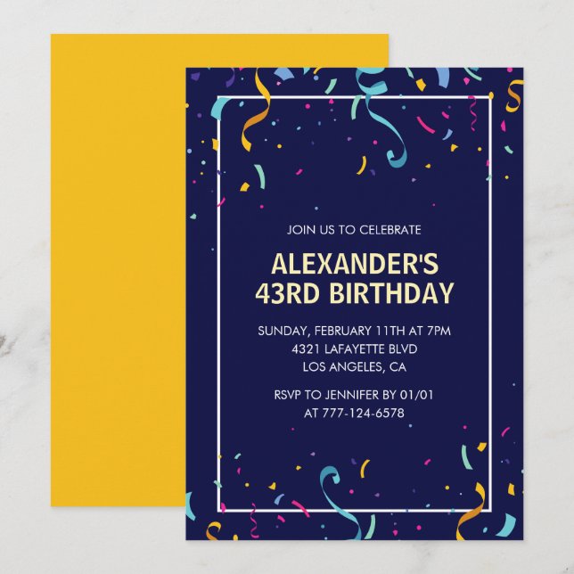 Modern Simple Men Confetti 43rd birthday Invitation (Front/Back)