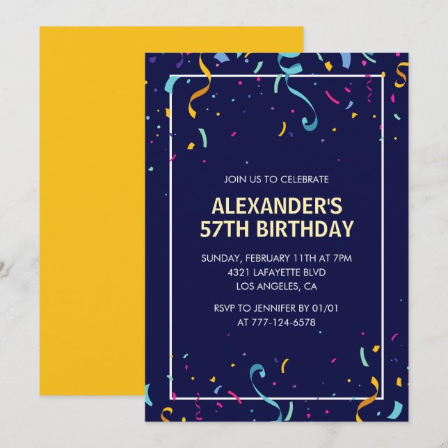 Modern Simple Men Confetti 57th birthday Invitation (Front/Back)