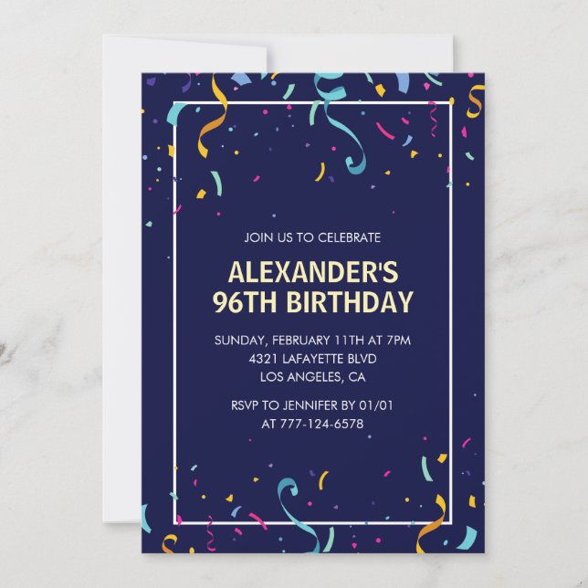 Modern Simple Men Confetti 96th birthday Invitation (Front)