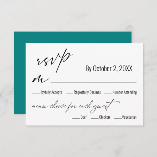 Modern Simple Menu Choice Teal Wedding RSVP Card