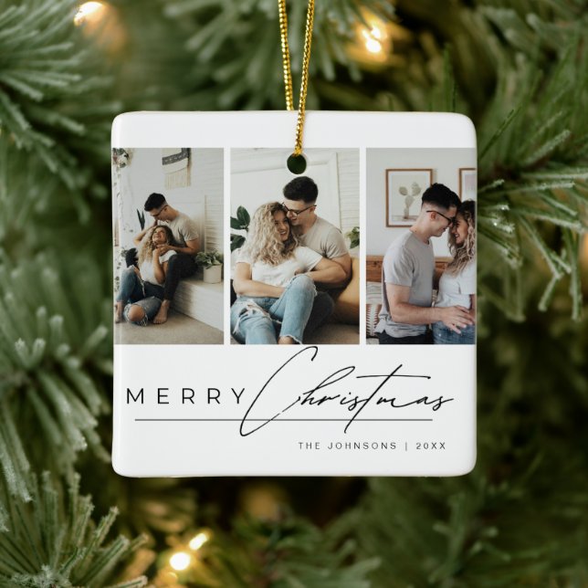 Modern Simple Merry Christmas Elegant Script Photo Ceramic Ornament (Tree)