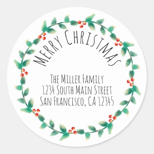 Modern Simple Merry Christmas Holly Return Address Classic Round Sticker