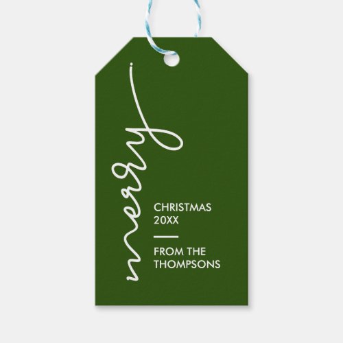Modern Simple Merry Christmas Script Green  Gift Tags