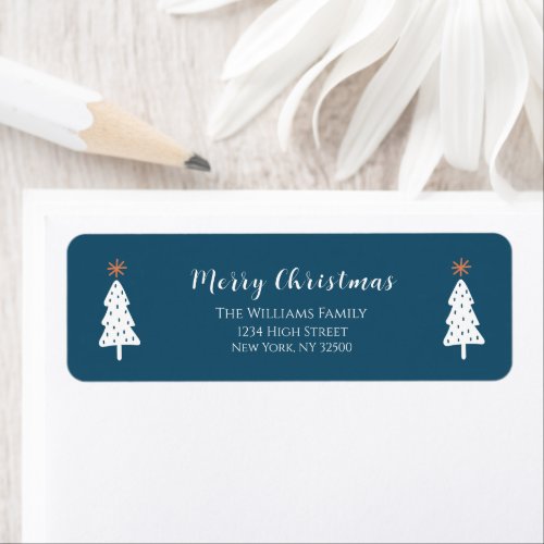 Modern Simple Merry Christmas Trees and Stars Blue Label