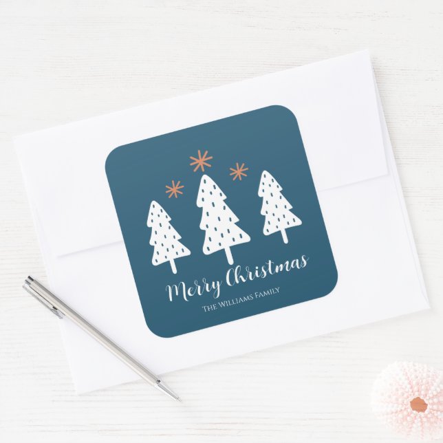 Modern  Simple Merry Christmas Trees Stars Bleu  Square Sticker (Envelope)