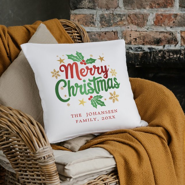 Modern Simple Merry Christmas Typography Family Throw Pillow (Creator Uploaded)