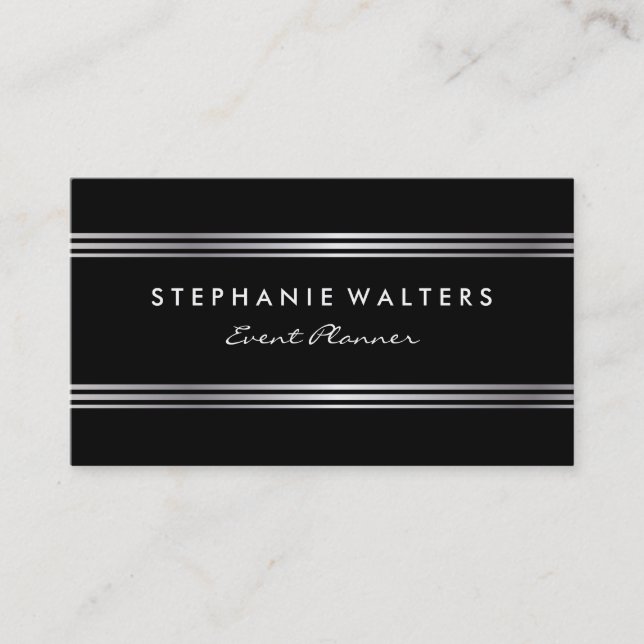 Modern Simple Metallic Silver and Black Business Card (Front)