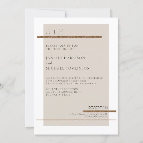 Modern Simple Minimal Beige Tan Gold Deco Wedding Invitation