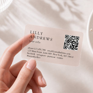Modern Simple Minimal Beige Transparent QR Code Clear Business Cards