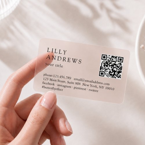 Modern Simple Minimal Beige Transparent QR Code Clear Business Cards