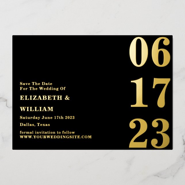 Modern Simple Minimal Black & Gold Save The Date Foil Invitation (Front)
