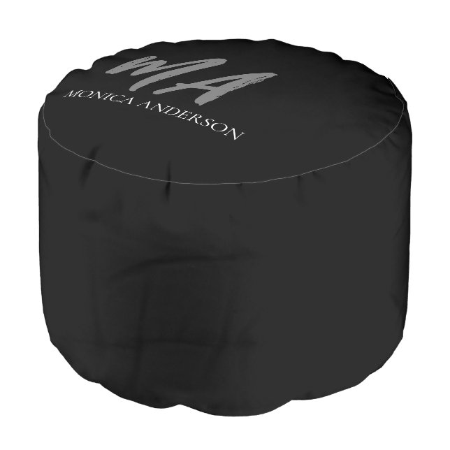Modern Simple Minimal Black Gray Monogram Pouf (Angled Front)