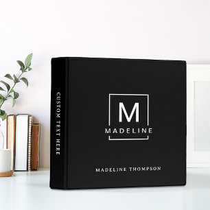 Modern Simple Minimal Black Square Border Monogram 3 Ring Binder