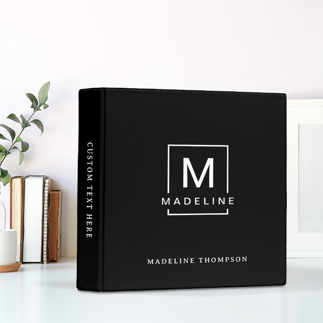 Modern Simple Minimal Black Square Border Monogram 3 Ring Binder (Creator Uploaded)