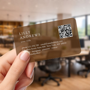 Modern Simple Minimal Brown Transparent QR Code Clear Business Cards