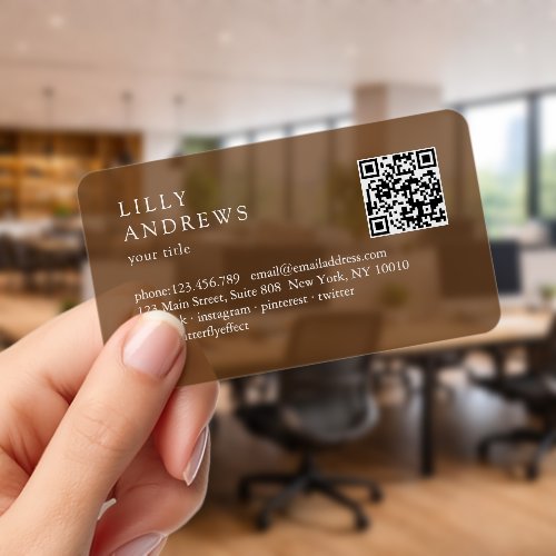 Modern Simple Minimal Brown Transparent QR Code Clear Business Cards