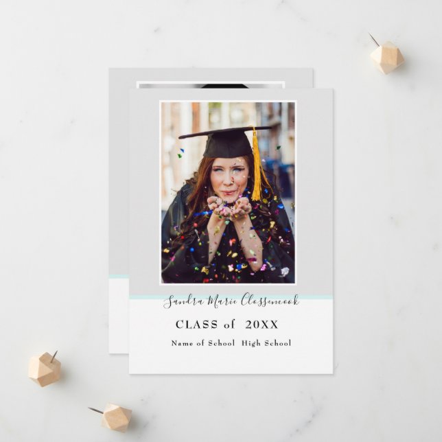 Modern Simple Minimal Gray Aqua Teal Graduation Announcement (Front/Back In Situ)