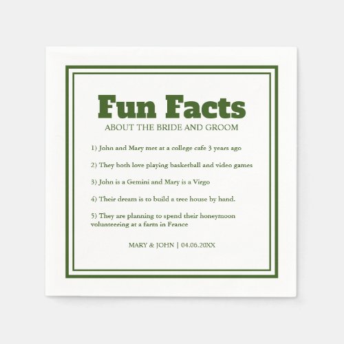 Modern Simple Minimal Green Fun Facts Wedding Napkins