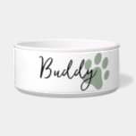 Modern simple minimal paw print personlaized bowl<br><div class="desc">Modern simple minimal paw print personlaized dog cat pet bowl. Featuring sage green paw print</div>