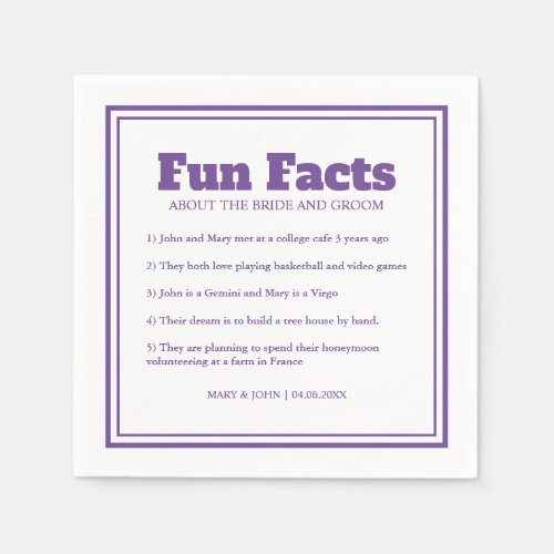 Modern Simple Minimal Purple Fun Facts Wedding Napkins
