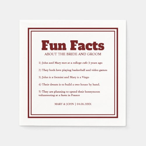 Modern Simple Minimal Red Fun Facts Wedding Napkins