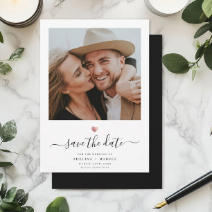 Modern Simple Minimal Rose Gold Heart Script Save The Date