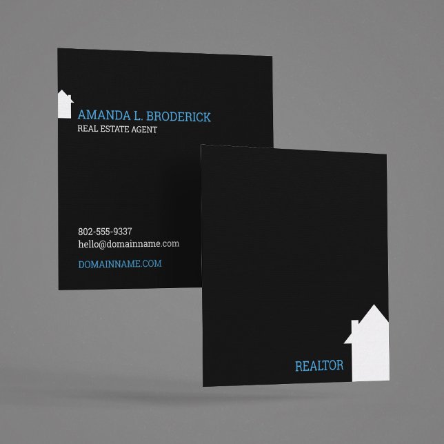 Modern simple minimalist black Real Estate Broker Square Business Card (Modern black square Real Estate Agent Business Card)