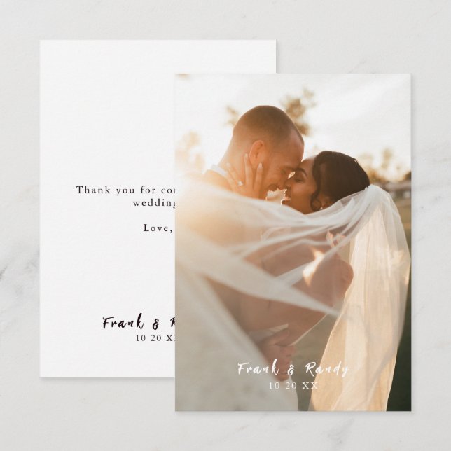 Modern Simple Minimalist Black White Photo Wedding Thank You Card (Front/Back)
