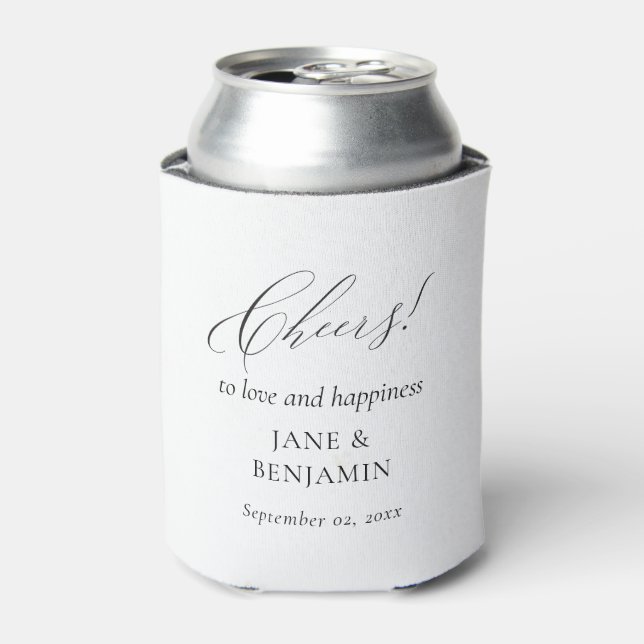 Modern Simple Minimalist Black White Wedding Beer Can Cooler (Can Front)