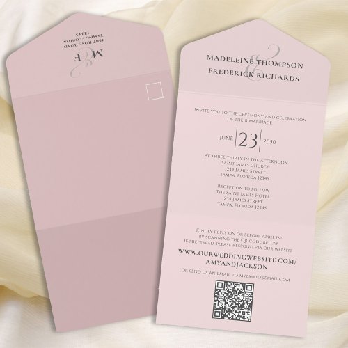 Modern Simple Minimalist Blush Pink  QR Code RSVP All In One Invitation