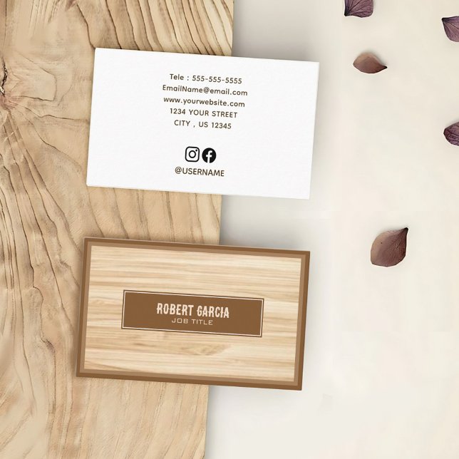 Modern Simple Minimalist Brown Tan Wood Look Business Card (Retro Vintage Script | Modern Tan Wood Look Business Card)