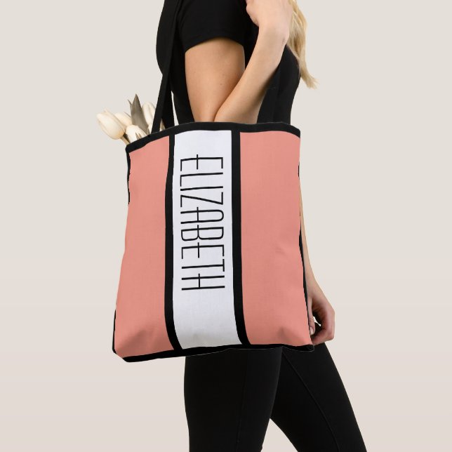 Modern Simple Minimalist Custom Name Peach Stripes Tote Bag (Close Up)