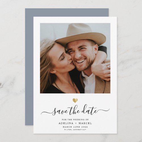 Modern Simple Minimalist Gold Dusty Blue Script Save The Date