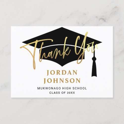 Modern Simple Minimalist Golden Black Graduation Thank You Card