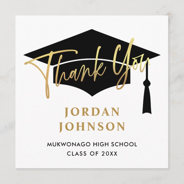 Modern Simple Minimalist Golden Black Graduation Thank You Card (Front)