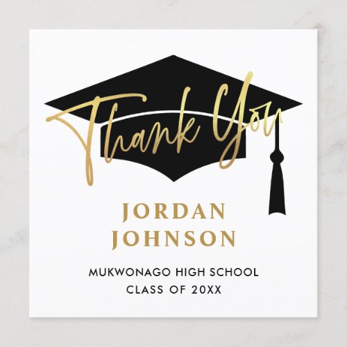 Modern Simple Minimalist Golden Black Graduation Thank You Card