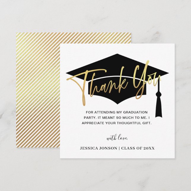 Modern Simple Minimalist Golden Black Graduation Thank You Card (Front/Back)