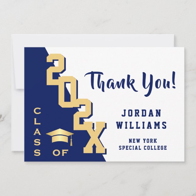 Modern Simple Minimalist Golden Blue Graduation Thank You Card (Front)
