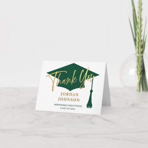 Modern Simple Minimalist Golden Green Graduation Thank You Card