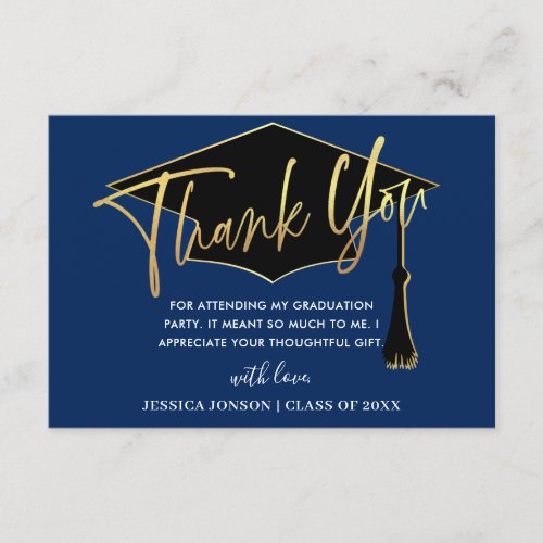 Modern Simple Minimalist Golden Navy Graduation Thank You Card