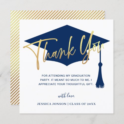 Modern Simple Minimalist Golden Navy Graduation  Thank You Card