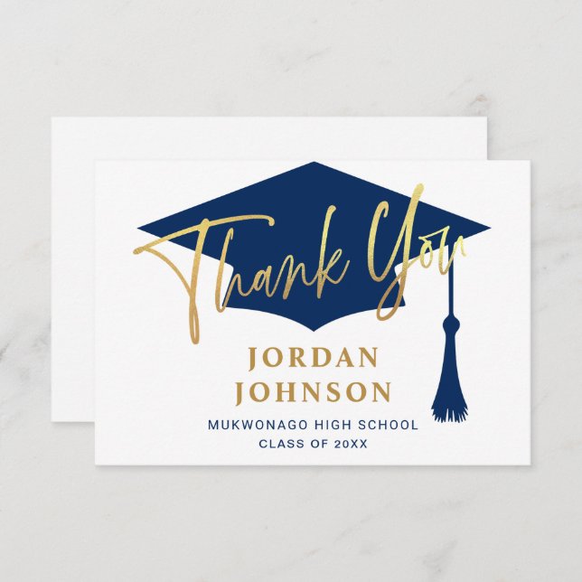 Modern Simple Minimalist Golden Navy Graduation  Thank You Card (Front/Back)