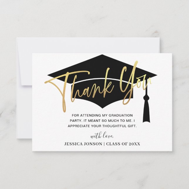 Modern Simple Minimalist Golden Navy Graduation  Thank You Card (Front)