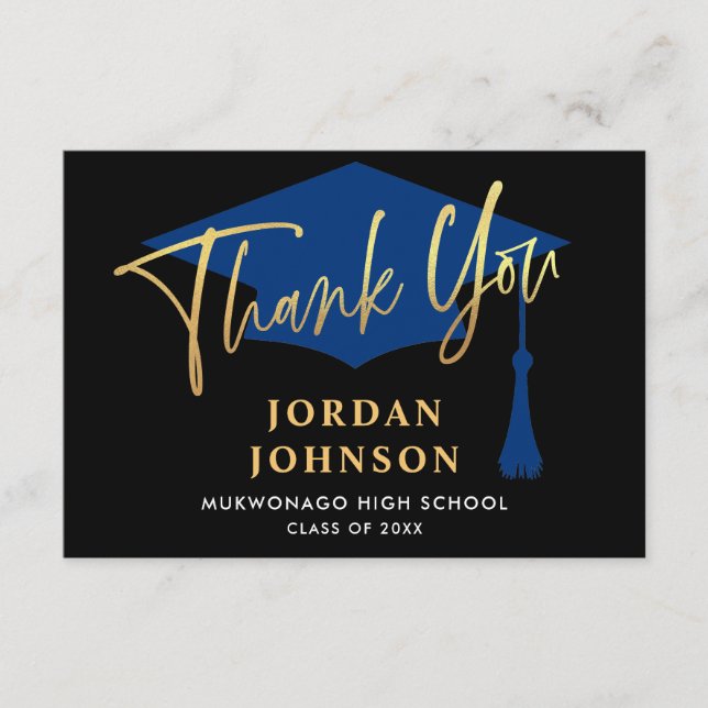 Modern Simple Minimalist Golden Navy Graduation Thank You Card (Front)