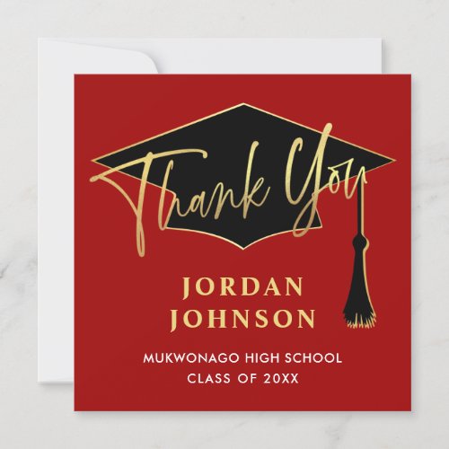 Modern Simple Minimalist Golden Red Graduation  Thank You Card