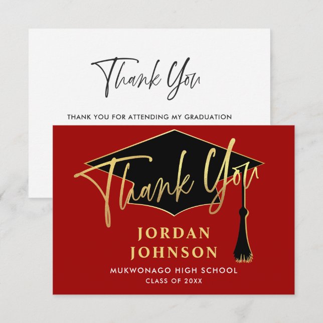 Modern Simple Minimalist Golden Red Graduation Thank You Card (Front/Back)