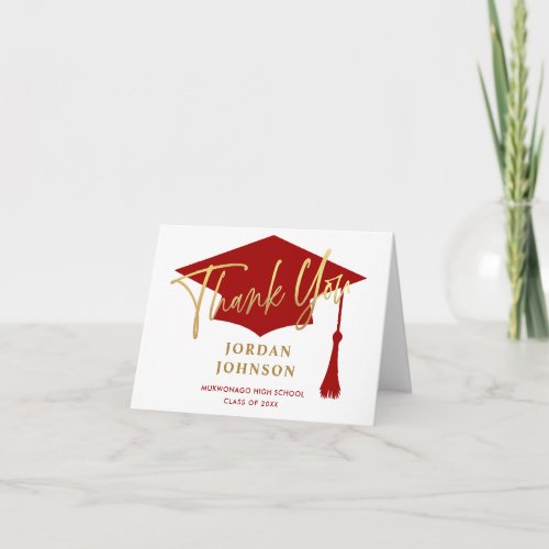 Modern Simple Minimalist Golden Red Graduation Thank You Card