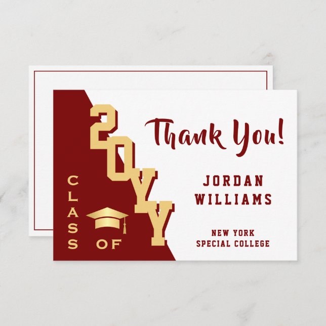 Modern Simple Minimalist Golden Red Graduation Thank You Card (Front/Back)
